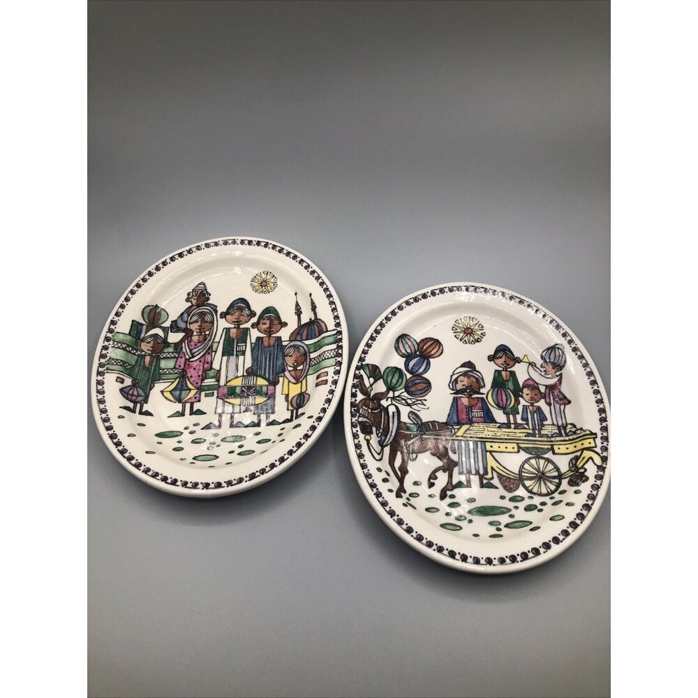 Vintage Hand Painted Egyptian Folk Art Small Ceramic Oval Dish Signed Set Of 2